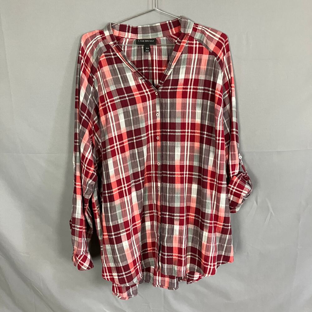 Lane Bryant Shirt Womens 18/20 Red Plaid Button Down V Neck Long Sleeve Fall